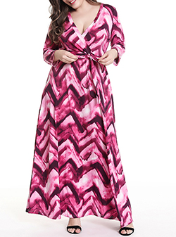 Plus Size Maxi Dress - Wrap Style / Tie Dyed / Printed Zigzag